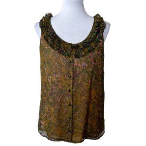 J. Crew Brown Moody Floral Silk Blouse Sleeveless Top Size 10 Ruffle Neck Collar